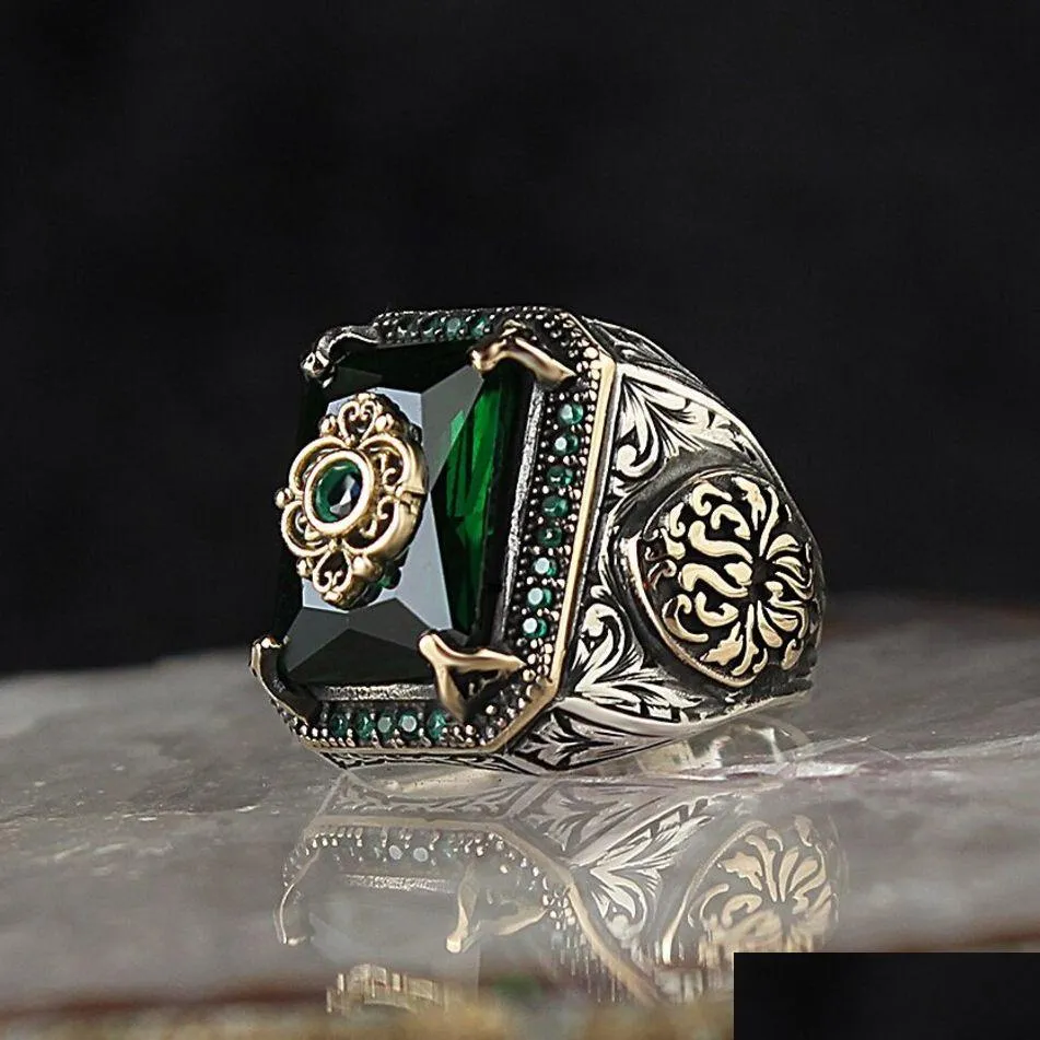 Turkish Signet Ring For Men Women Ancient Sier Color Carved Eagle Green Zircon Inlay Punk Motor Dhgarden Otsma