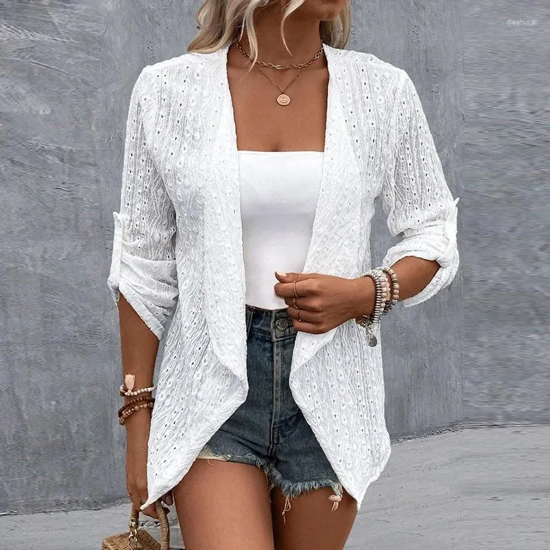 Women's Jackets Spring Jacquard Embroidery Lace Jacket Women Turn-down Collar Office Top Cardigan Autumn Adjusted Long Sleeve Hollow Female