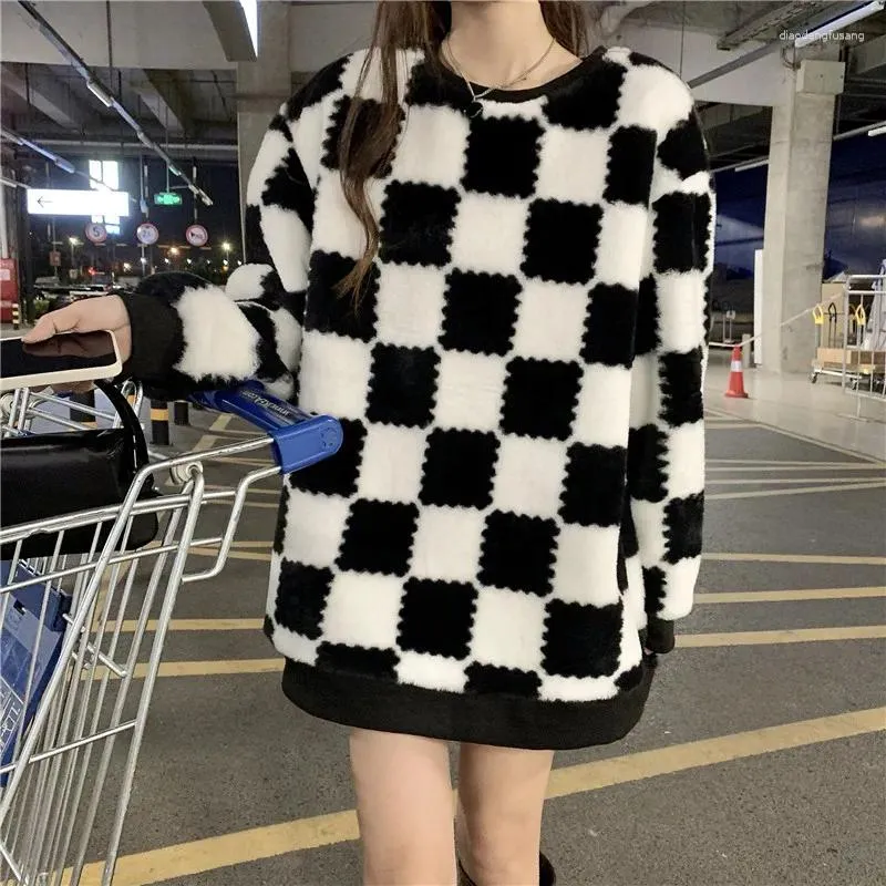 Women's Hoodies Hoodie Plaid Fleece Autumn Faux Lamb Wool Coat Languid Round Neck Long Sleeve Loose Thick Black White Winter 2023