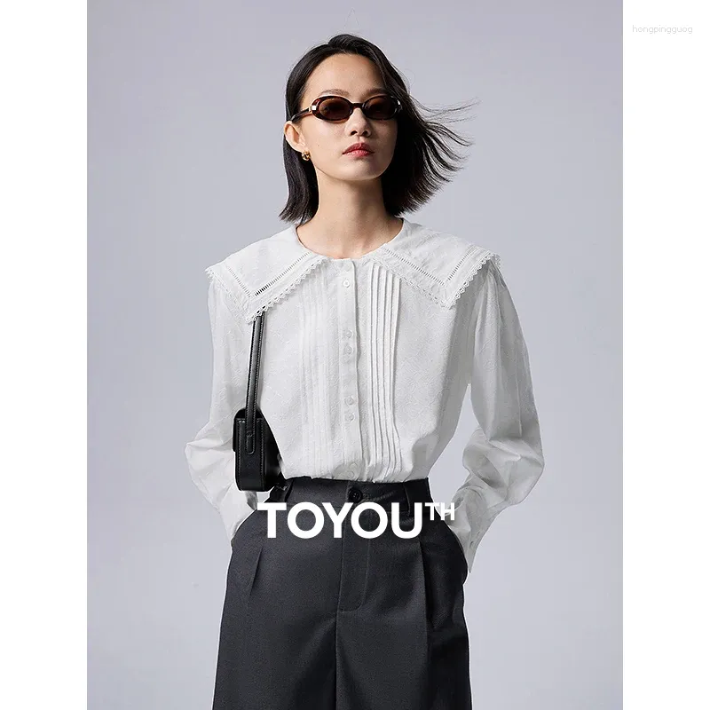 Kvinnors blusar Toyouth Women Blue 2023 Autumn Long Sleeve Sailor Collar Loose Shirts Utsökt ihåliga spetsar Jacquard Preppy Style White