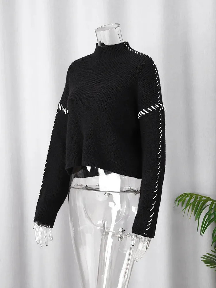 Damers Sweatere Kontrastfarve Strik O-hals Lange Ærmer Pullover Patchwork Løs Vintage Mode Sweater 2023 Efterår Casual Dame Strikvarer 231012