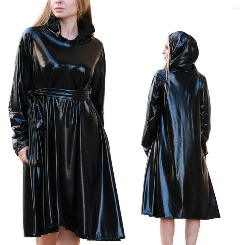 Casual Dresses Elegant Sexy Shiny Metallic Hooded Cape Dress With Belt Long Sleeve Loose A-line Midi Punk High Street Fashion Clubwear