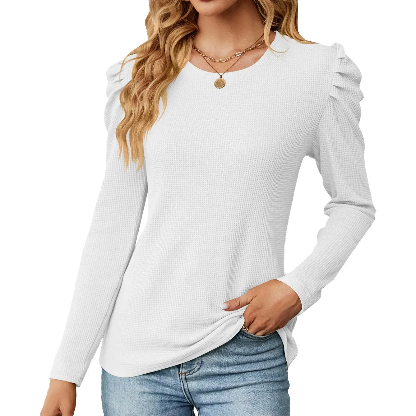 T-shirt Femme Femmes Manches longues Col rond Fold Stacked Sleeve Tops 231011