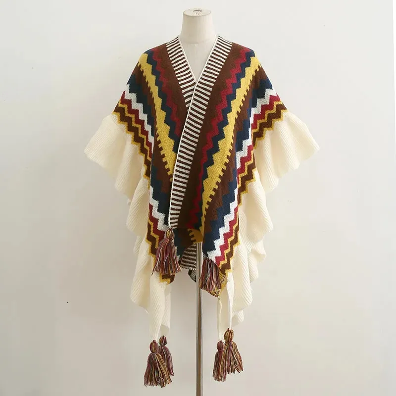 Tücher Frauen Ethnischen Stil Poncho Capes Damen Mode Streifen Bunte Stricken Übergroßen Wrap Fransen Schal Bohemian 231012