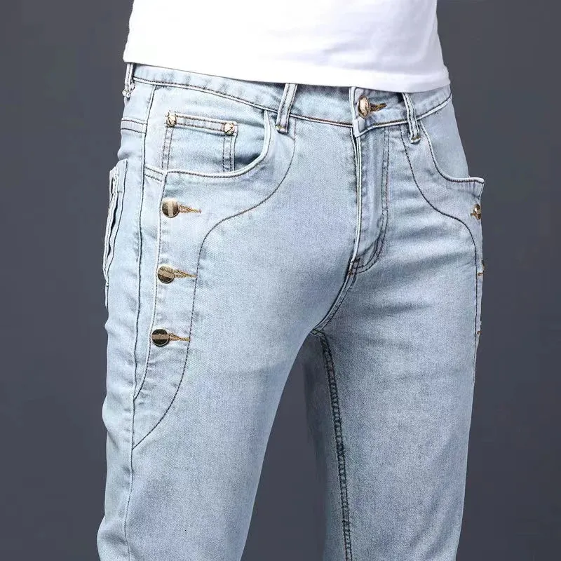 Herr jeans 3 färger 2023 män bomull högkvalitativ koreansk stil stretch smal fit denim byxor mode knapp skinny manliga byxor 231012