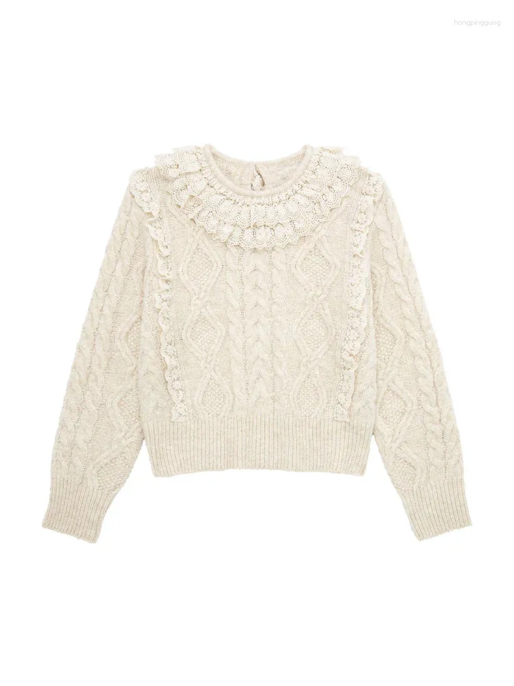 Women's Sweaters Women Sweet Layered Lace Ruffle Round Neck Knitted Pullover Sweater Long Sleeve Faux Pearl Beading Loose Jumper