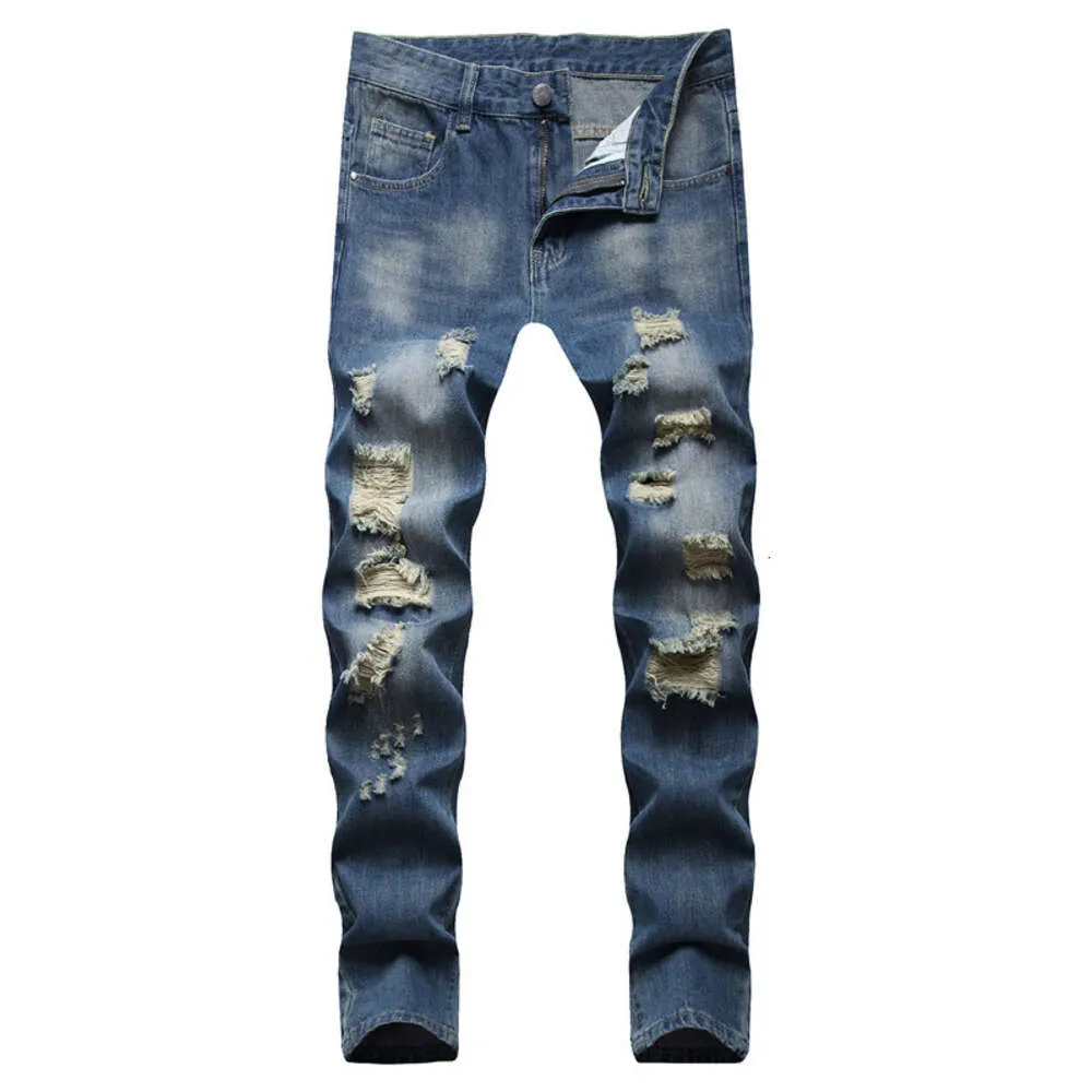 Four Seasons Mid Waist Casual Worn Down Jeans Men's Youth Elastic Free Straight Zipper Denim Pants