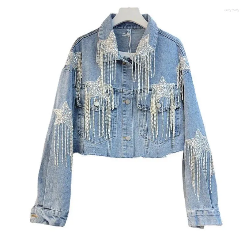 Vintage Fringe Denim Jacket Women's Embellished Jean Coat, Spring  Fashion, Heavy Industry Diamond Accent, Loose Fit, Buy Now!