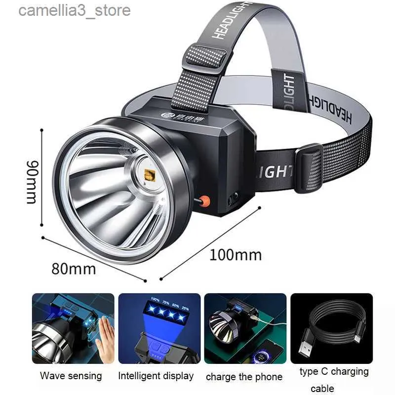 Head Lamps strålkastare LED WAVE Handinduktionsomkopplare Dual Lithium Batteriladdning Bank Strålkastare Vattentät fackla Ficklampe Camping Vandring Q231013