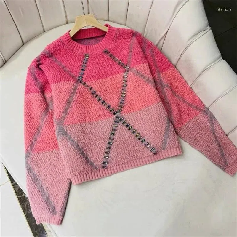 Kvinnors tröjor Luxury Diamonds O-Neck Cashmere Mohair Pullover High Street Kawaii Knitwear Sticked Plaid Jumpers Female H316