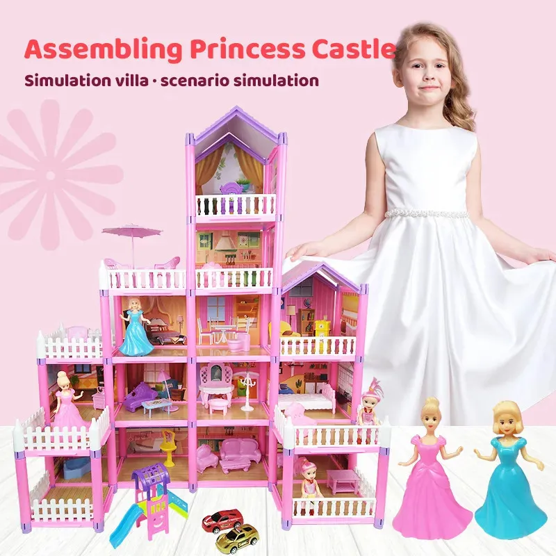 Doll House Accessories Princess Big Villa DIY Dollhouses Kit Pink Castle Assembled Toys Pretend Play Christmas Birthday Gift 231012