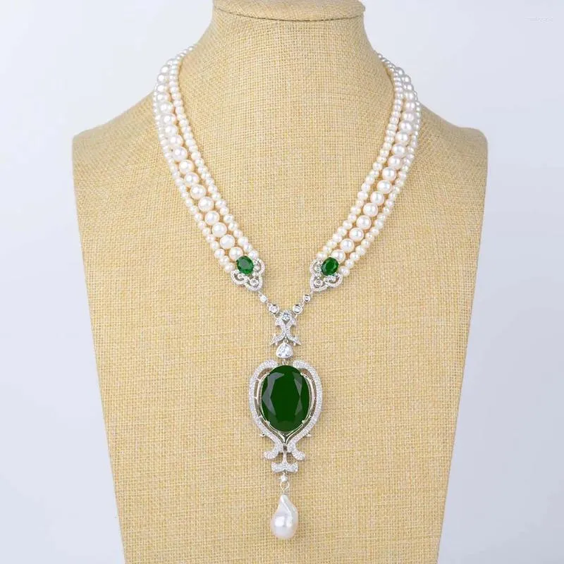 Pendant Necklaces 19'' 3 Strands Cultured White Pearl Green Crystal Keshi Necklace