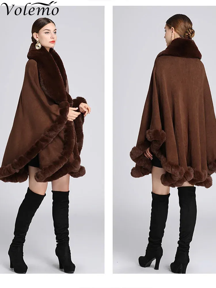 Elegant Faux Fur Shawl Cape - Womens Winter Knit Cloak Overcoat