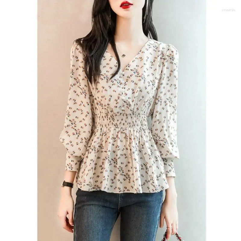 Kvinnor BLOUSES Women Puff Sleeve Vintage Floral Slim Design Harajuuku Casual Trendy Elegant Ladies Spring Sexy Pullover Tops A532