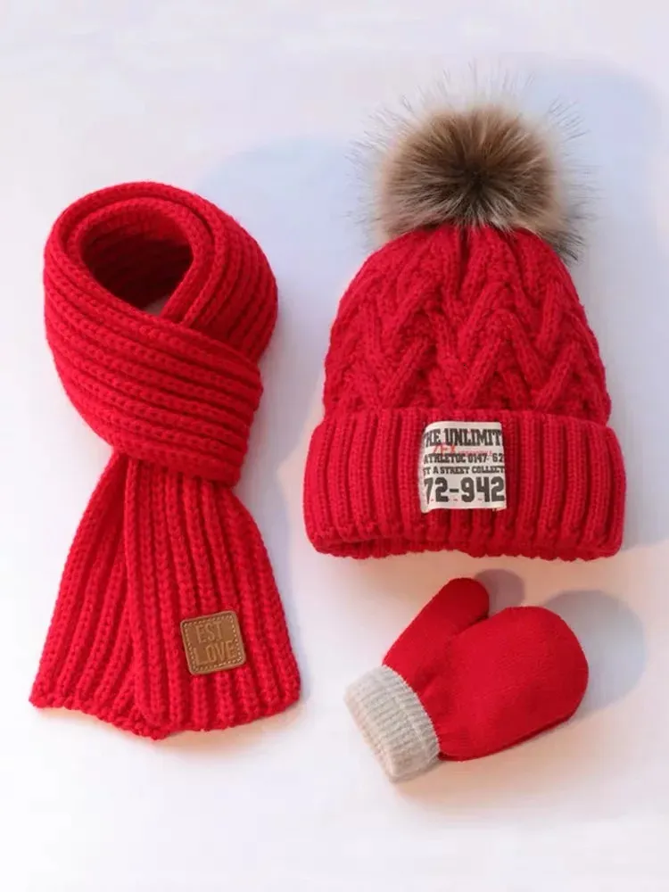 Bufandas Gorro de lana para niños de otoño/invierno de tres piezas y guantes de bufanda para niños y niñas Gorro de punto de jersey cálido y engrosado para bebés 231012