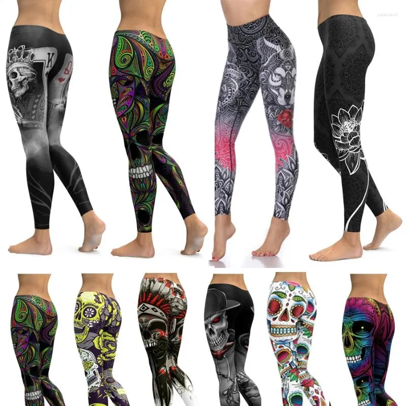 Active Pants Li-Fi Ornamental Skull Leggings Women Yoga Gym Fitness Sports Wear Elastic Tight