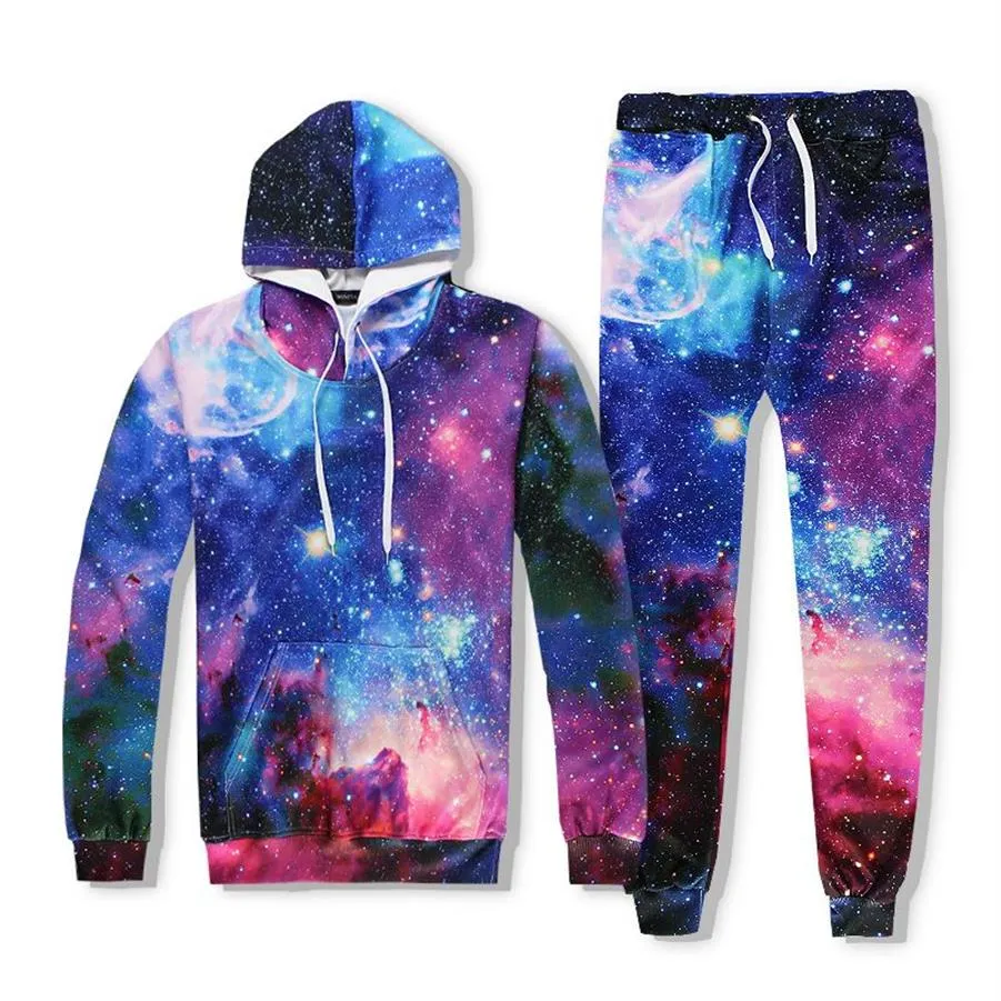 Heren Kleurrijke 3D Ruimte Galaxy Hoodies Broek 2 Stuks Sets Casual Harajuku Lange Mouw Hip Hop Mannelijke Trainingspakken Spring238R