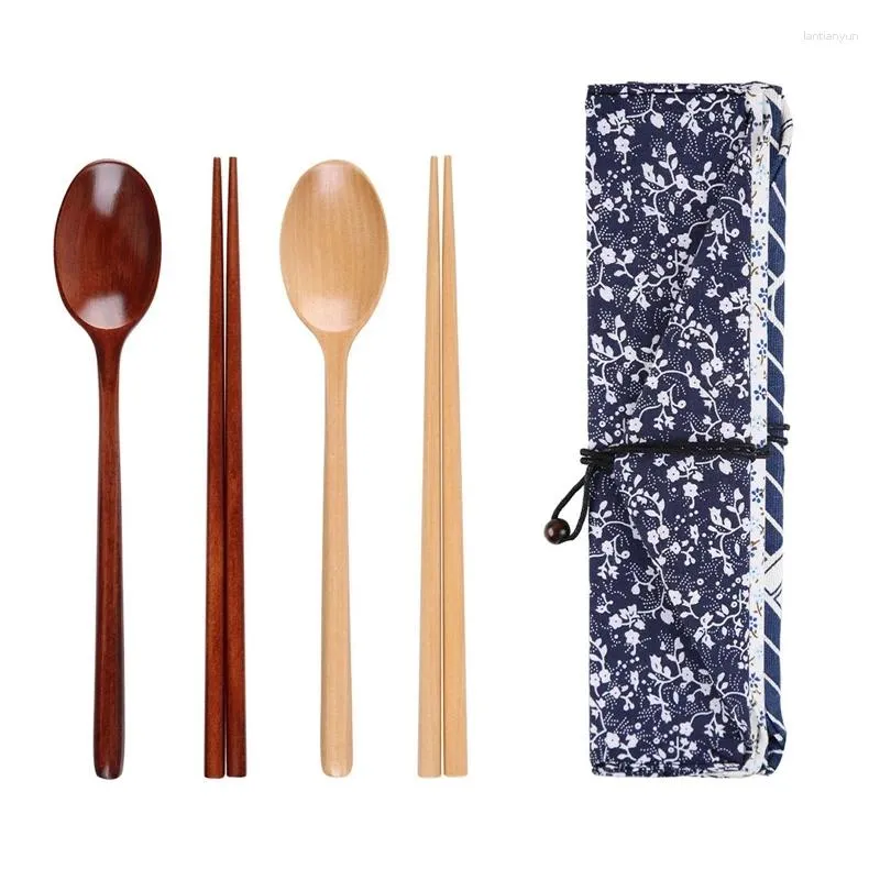 Flatware Sets Chinese Chopsticks Tableware Wooden Cutlery With Spoon Cloth Bag Environmentally Friendly Travel Portable Set