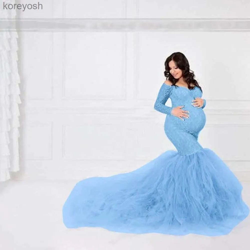 Sukienki macierzyńskie Kobiety z długim rękawem z koronkowej sukienki macierzyńskie do fotografii Baby Shower z syreną Tiulową suknię sesja zdjęciowa Baby Showerl231012