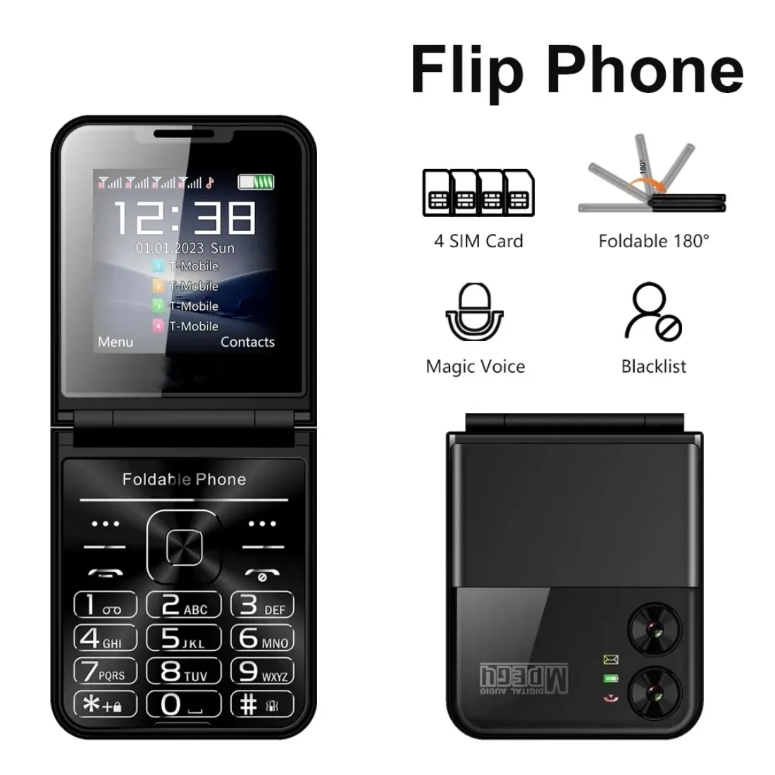 Entsperrtes neues klassisches Flip-Handy, 2,6-Zoll-Bildschirm, 2G GSM, 4 SIM-Karte, Kurzwahl, magische Stimme, LED-Taschenlampe, Backup, faltbares Mobiltelefon