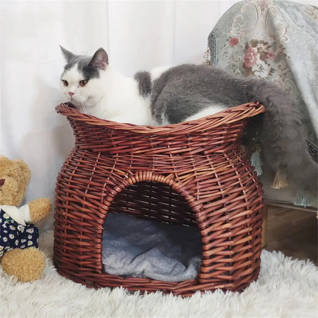 Kattenbedden Meubels BingoPaw Multifunctioneel kattenslaapbed 2-laags geweven rieten huisdierbed met zacht kussen Hond Kat Puppy Speelhuis Grotmeubilair 231011