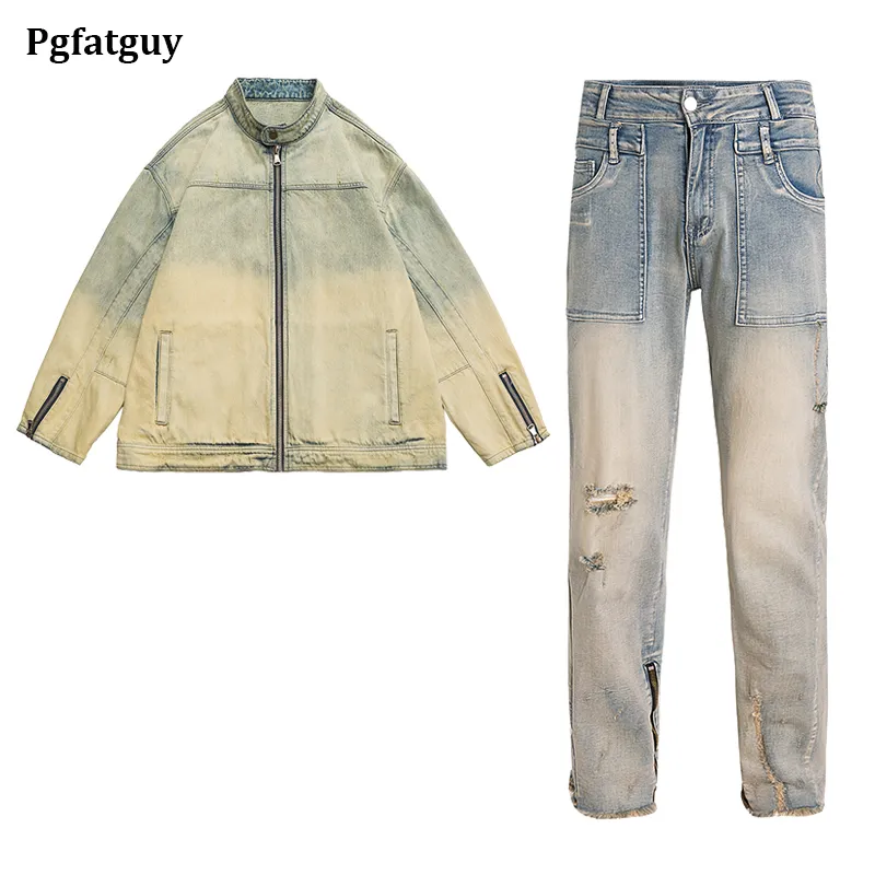 Retro Style Jacket Jeans Sets for Men and Women Mud Yellow High Street Oversized Zipper Denim Coat and Pants Couple Hip Hop 2pcs Streetwear