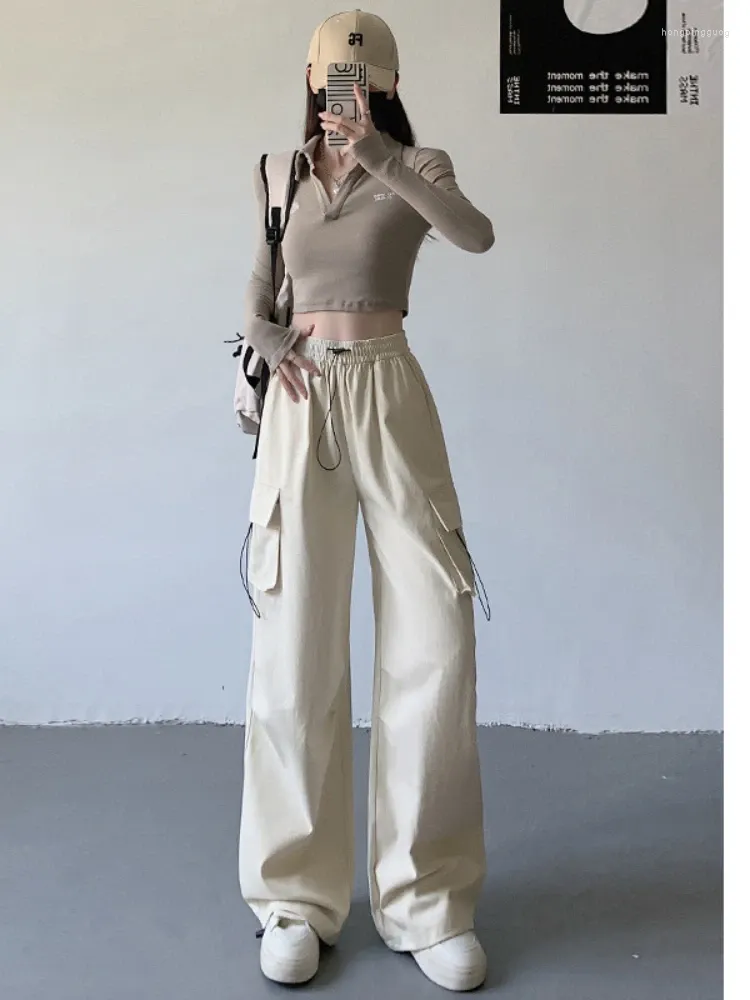 Vintage Korean Fashion Womens High Waist Parachute Wide Leg Cargo Pants  With Draw Rope And Wide Leg From Hongpingguog, $19.91
