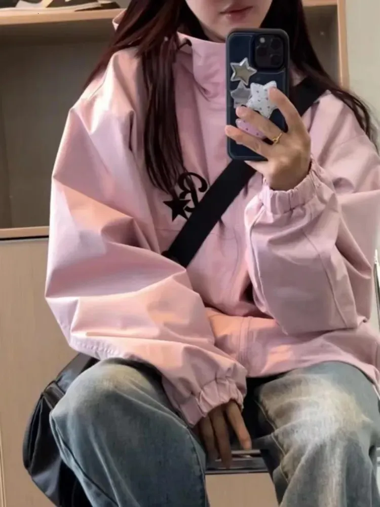 Kvinnors jackor houzhou koreansk stil gorpcore rosa spårjackor kvinnor hippie y2k överdimensionerad blixtlås vindbrytare jacka harajuku streetwear outwear 231011