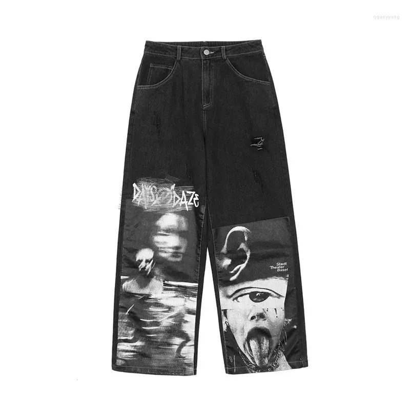 Мужские джинсы 2023, уличная одежда, модели для пар, пародия, абстрактный тренд, широкие брюки в стиле хип-хоп, свободные повседневные брюки для мужчин с принтом