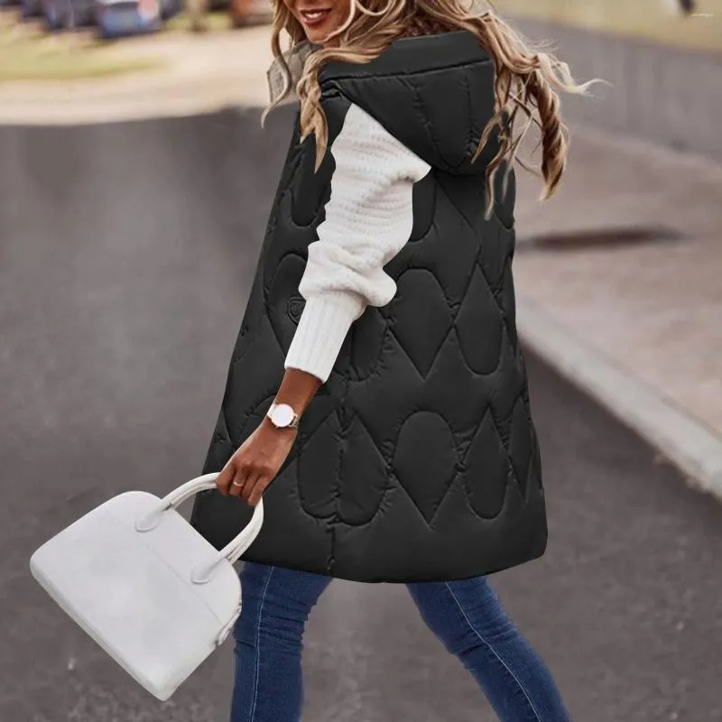 女性のベストノースリーブレスベストロングダウンコットンジャケットブラックフード付きパッド入りゆるい女性ファッションウィンターコートウエストコートプラスサイズ