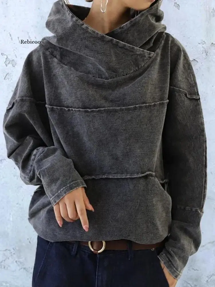 Women's Hoodies Tooling Loose Washing Denim Tops Autumn Splicing Long Sleeve Gray Hooded Sweater Street Hipster Solid Color Urban Leisure