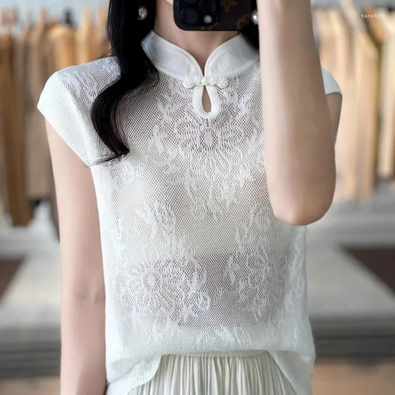 Women's T Shirts Chinese Style Buckle Cheongsam Collar Openwork Jacquard Thin Wool Sweater T-Shirt Female 2023 Summer Short Sleeves