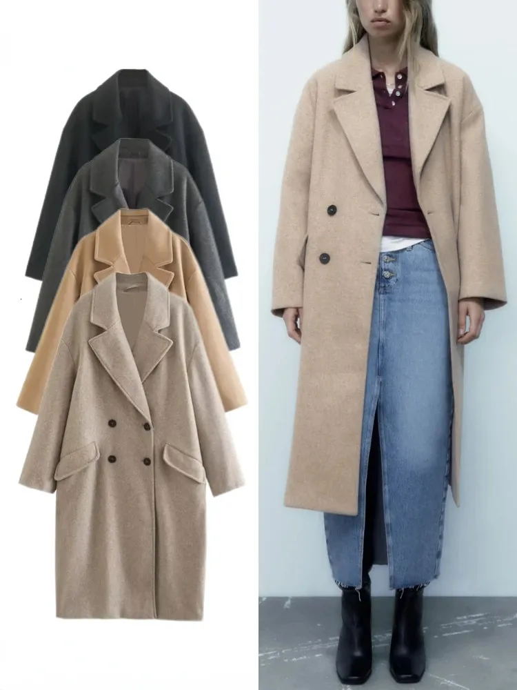 Women's Wool Blend's Fall Winter Fashion Lapel Loose Midlength Pocket Woolen Coat Double Breasted LongSleeved Warm Woman Chic Overcoat 231011