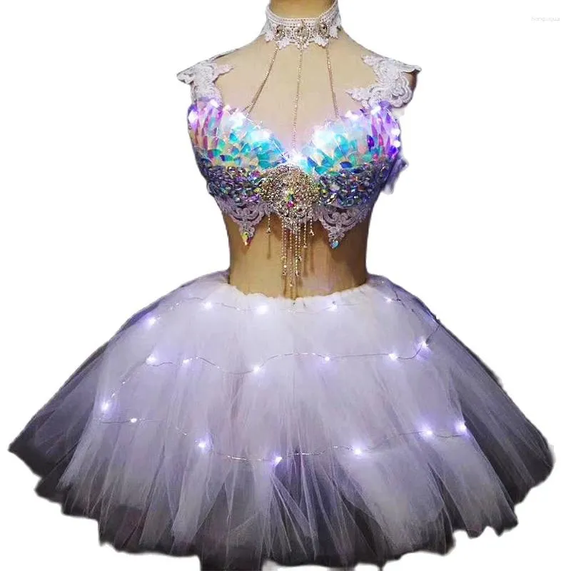 Stage Wear Shining Mirror Sequins Appliques Embroidery Two-Piece Suit Rhinestones Chain Light String Decoration Performance Club