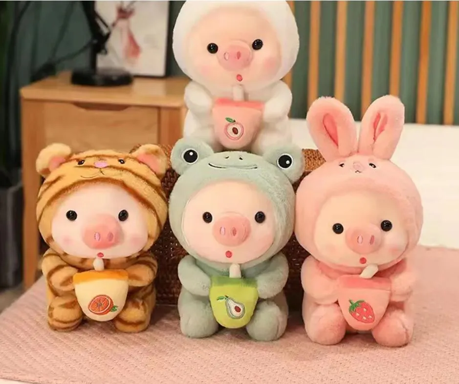 25cm Kawaii Bubble Tea Pig Plush Toy Stuffed Animal Bunny Frog Tiger Pillow Cup Milk Tea Boba Plushie Doll Birthday Gift