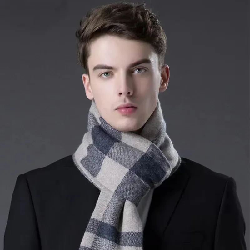 Scarves High Quality 100% Pure Wool Scarf Men Winter Autumn Soft Warm Windproof Muffler Gentlemen Fashion Classic Business Shawl Male 231011