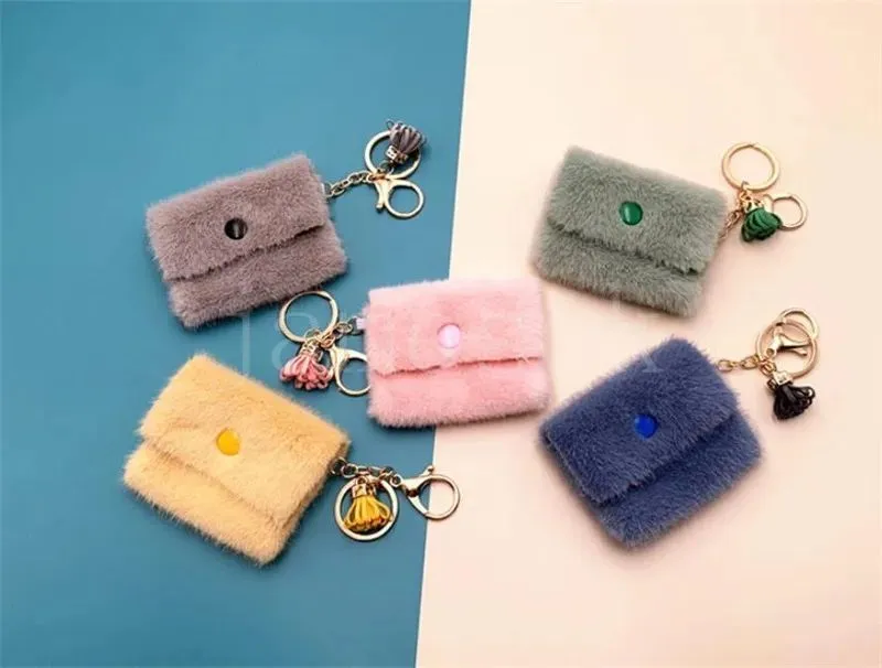 Candy Color Plush Mini Coin Purse Keychain Cute Soft Small Wallets Fashion Women Headset Bag Tassel Key Ring Pendant DB232