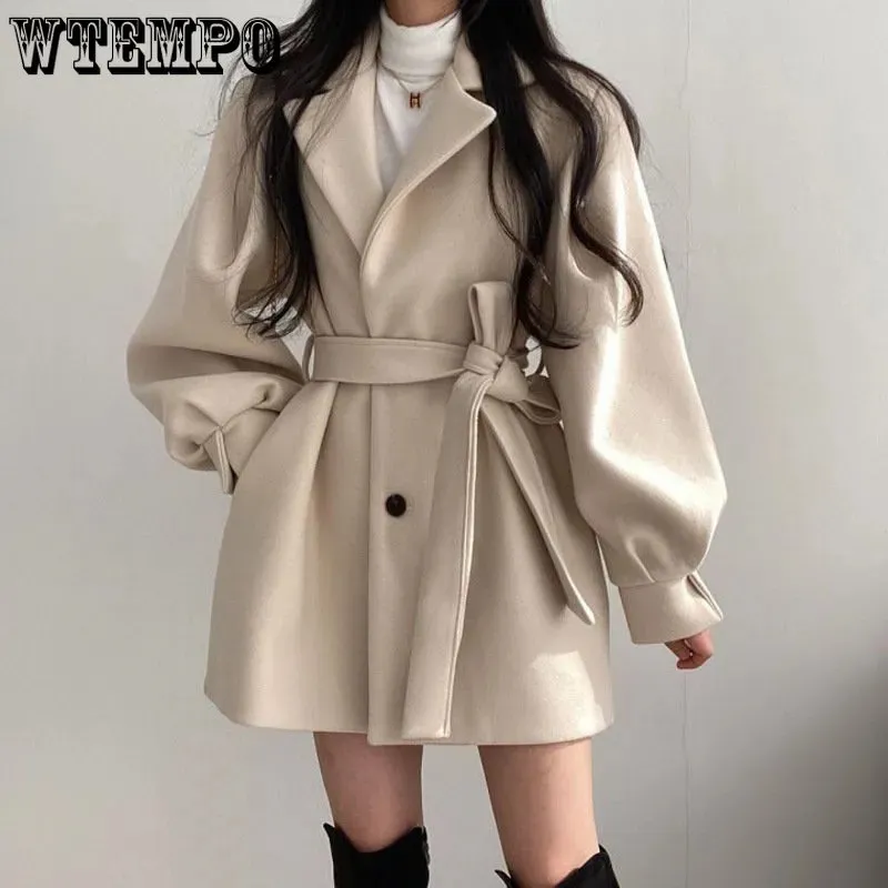 Mulheres misturas de lã de comprimento médio topcoat blazer colarinho casaco de lã feminino com cinto jaqueta de inverno nicho vintage solto moda sobretudo sólido trench coats 231012