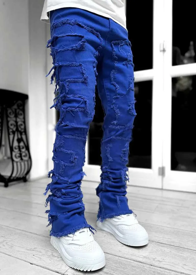 Jeans Skinny Fringe Hip-Hop Edge Elastic Patch Punk Rock Long Tight Fit Stapled Denim Pants Blue Pink 666