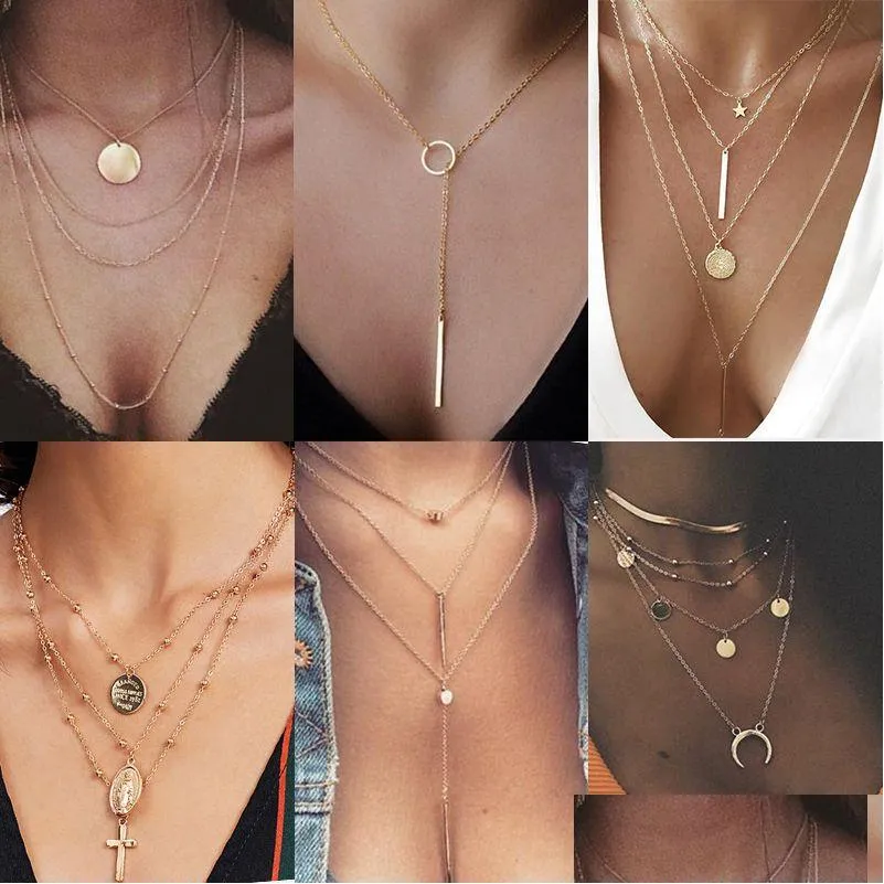Vintage Mtilayer Crystal Pendant Necklace Women Gold Color Beads Moon Star Horn Crescent Choker Necklaces Jewelry Dhgarden Othbo