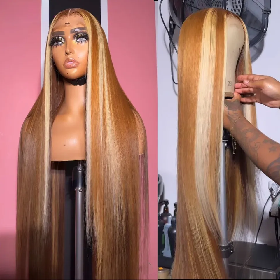 Long Straight Brown Blonde Highlight Wig Human Hair Colored  display picture 2
