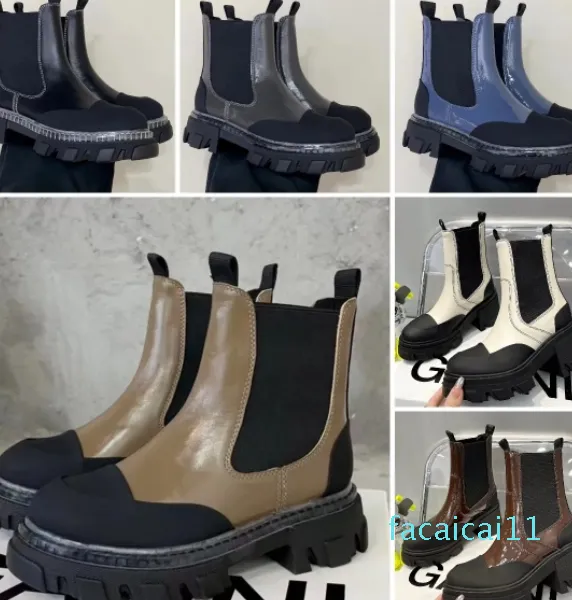 Bottes Chelsea mi-hautes à crampons de styliste pour femmes, bottes à plateforme de luxe en cuir de caoutchouc de haute qualité