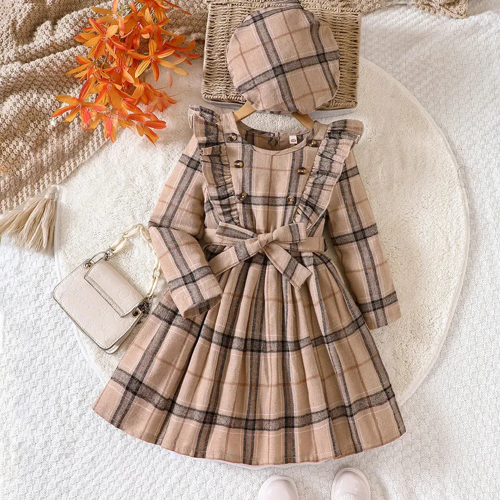 Robes de fille printemps et automne nouveau col rond brossé Plaid à lacets robe à manches longues avec chapeau 231012