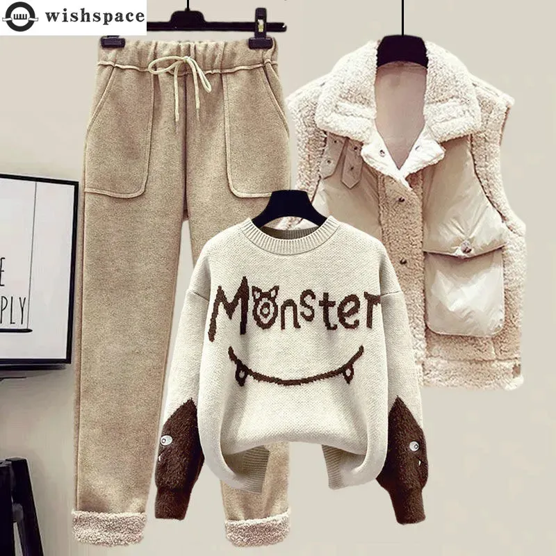 Women's Two Piece Pants Winter Cashmere Vest Coat Embroidery Knitted Sweater Casual Trousers Three Elegant Set Outfit 231011