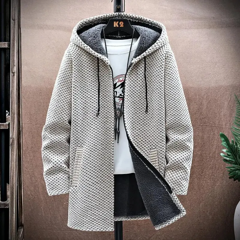 Men's Sweaters Cardigan Cashmere Long Coat with Hoods Autumn Winter Fleece Warm Solid SweaterCoat Windbreaker Men Clothing 231011