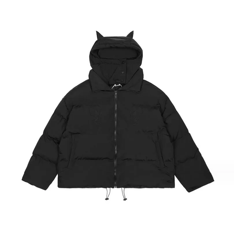 Parka da uomo in piumino di cotone da uomo con teschio ricamato Giacca hip-hop streetwear con cappuccio imbottito di design Harajuku Capispalla invernale