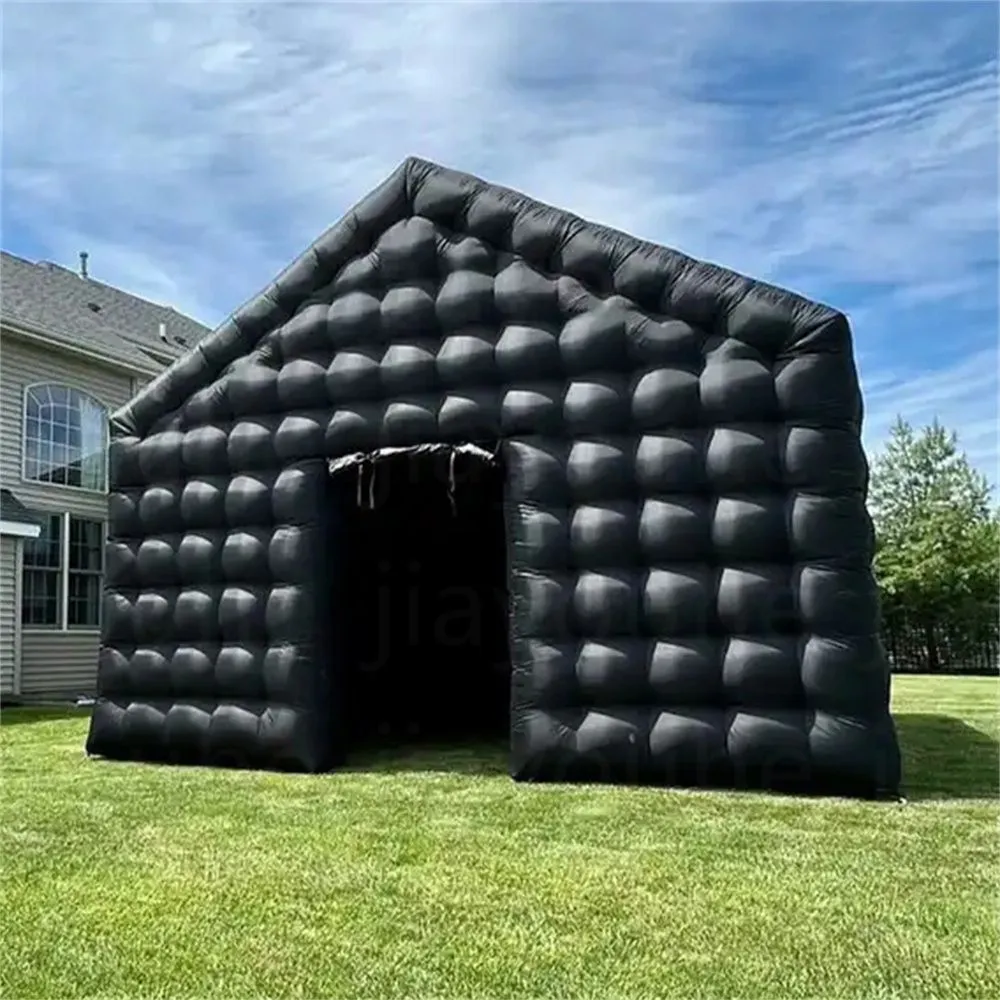 4.8x4.8x3.6m Zwarte kubus tent opblaasbare cabina party disco vierkante tenten Schuine lucht huis ballon met sticker deur cover