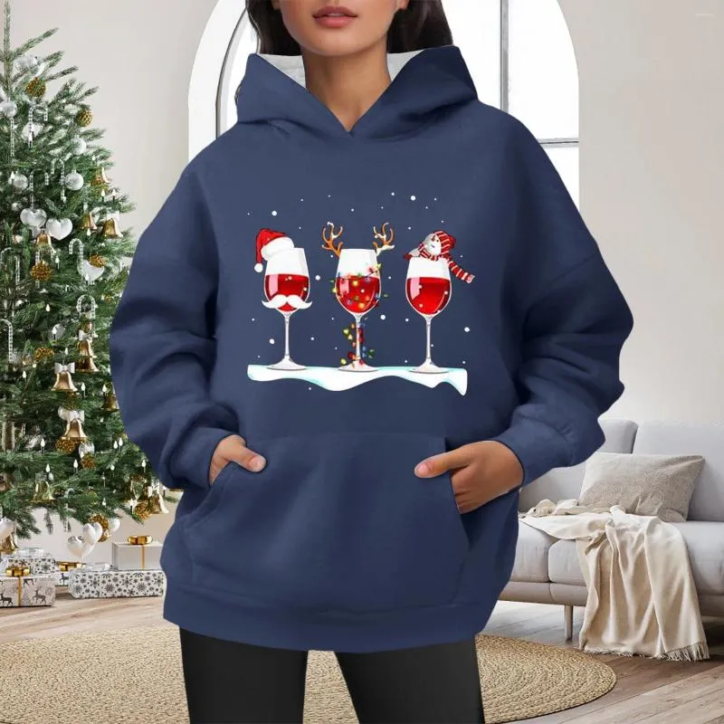 Women's Hoodies Christmas Wine Cup Sweater Ladies Loose Fitting Printed Sweatshirt Hoodie With Shoulder Length Sleeves Ropa Para Mujer