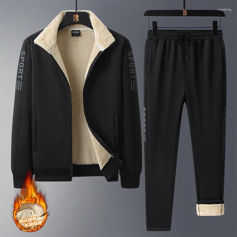 Herrespår Män Solid Winter Set Jackets Byxor Kashmir Keep Warm Fashion Stand-Up Collar Running Fitness Bra kvalitet