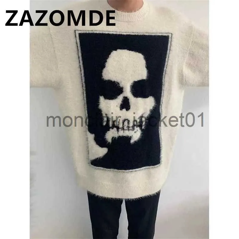 Erkek Sweaters Zazomde Men için Kış Sweaters Kafatası Başı Desen Kazak Moda Gevşek Jumper Trend Street Hip Hop Triko Külot Sweaters J231012